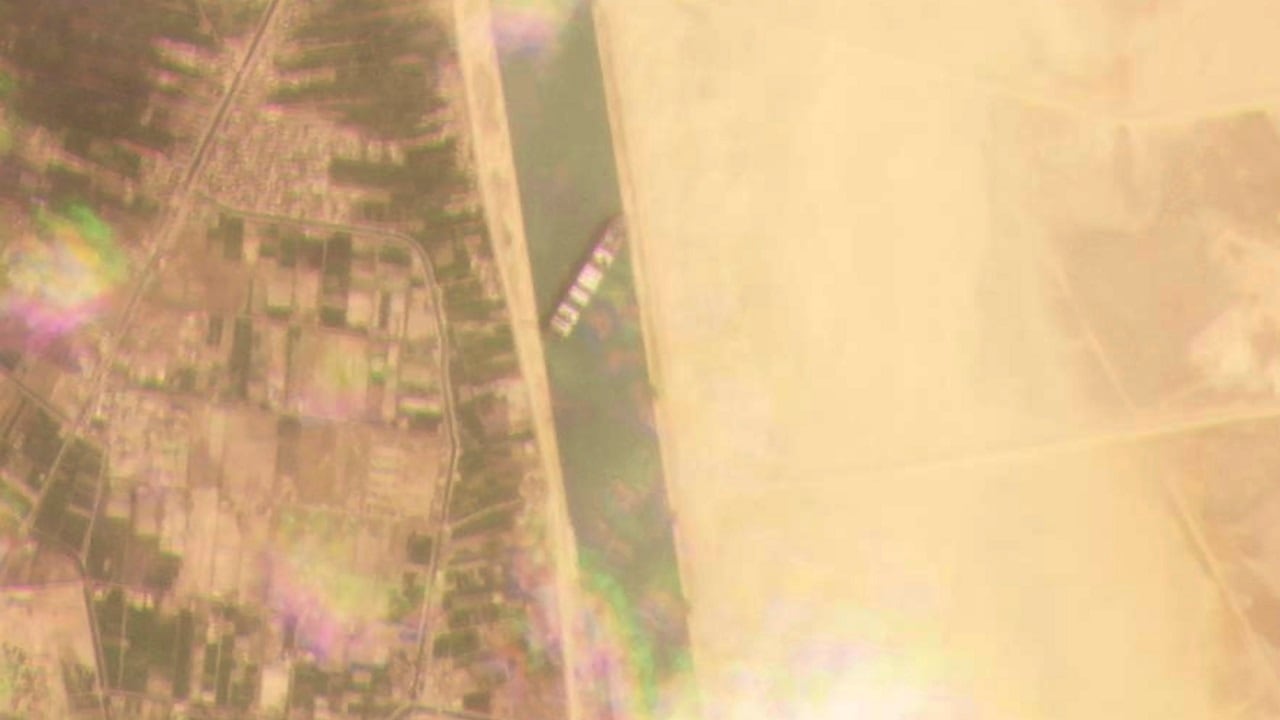 Satellite image showing the Ever Given stuck in the Suez Canal, Egypt (Image: Planet Labs Inc. via AP)
