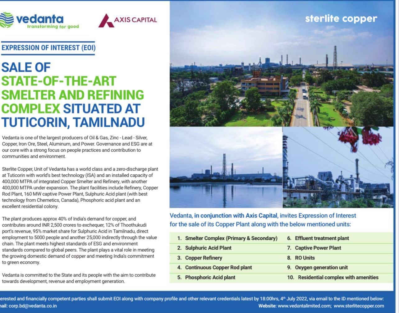 Vedanta has advertised for EoIs in its Tuticorin copper plant